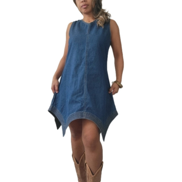 VINTAGE 100% COTTON Y2K Jean Dress with Waterfall Hem - Picture 7 of 11